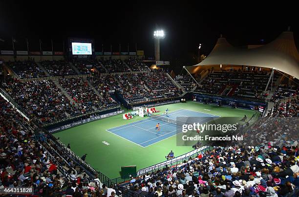 General view of the action as Novak Djokovic of Serbia plays against Vasek Pospisil of Canada during day two of the ATP Dubai Duty Free Tennis...