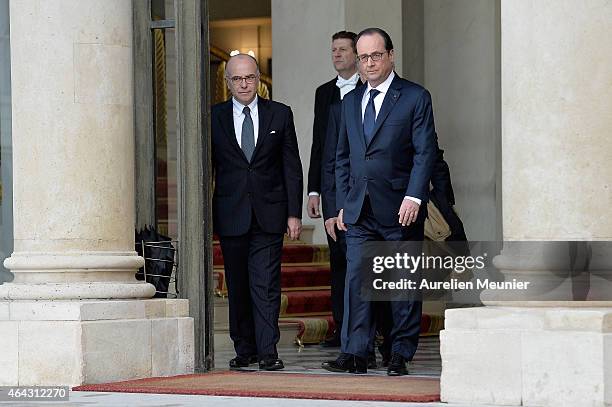 French President Francois Hollande and French Interior Minister, Bernard Cazeneuve receives Roger Cukierman, President of the CRIF, Representative...