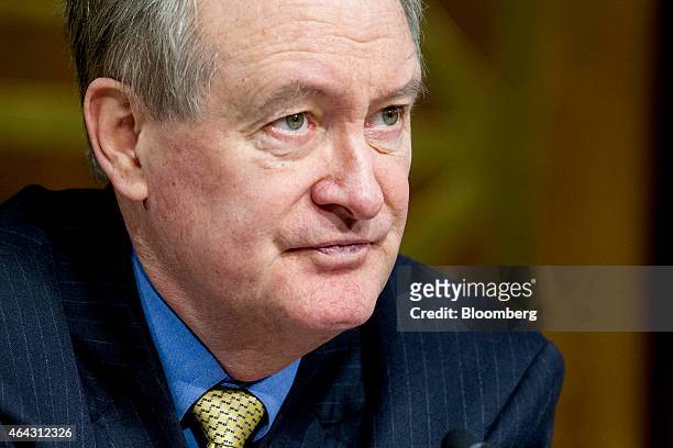 Senator Mike Crapo, a Republican from Idaho, listens while questioning Janet Yellen, chair of the U.S. Federal Reserve, not pictured, during a Senate...
