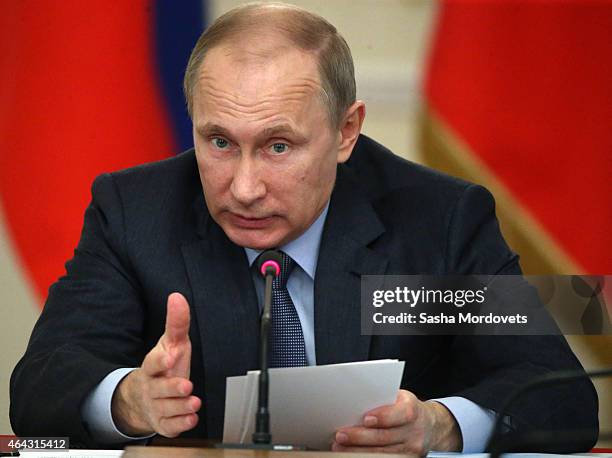 Russian President Vladimir Putin speaks during a meeting of State Council Presidium at the Novo Ogaryovo State Residence on February,24 2015 outside...