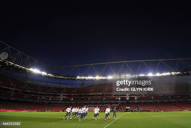 Monaco's players attend a training session at the Emirates Stadium in London on February 24 ahead of the UEFA Champions League round of 16 first leg...