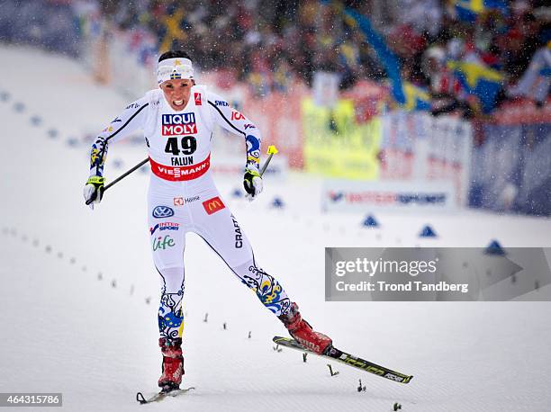 Charlotte Kalla of Sweden celebrates winning the gold medal during the Ladies 10.0 km Individual Free during the World Championship Cross Country on...