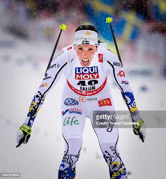 Charlotte Kalla of Sweden celebrates winning the gold medal during the Ladies 10.0 km Individual Free during the World Championship Cross Country on...