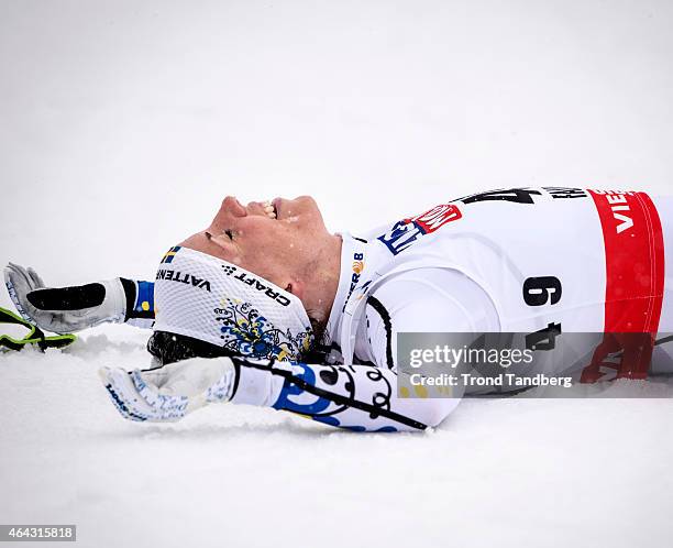 Charlotte Kalla of Sweden celebrates winning the gold medal during the Ladies 10.0 km Individual Free during the World Championship Cross Country on...