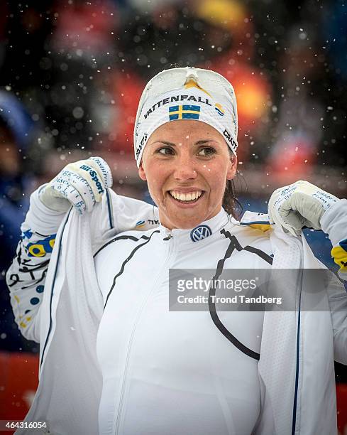 Charlotte Kalla of Sweden celebrates winning the gold medal at the Ladies 10.0 km Individual Free during the World Championship Cross Country on...
