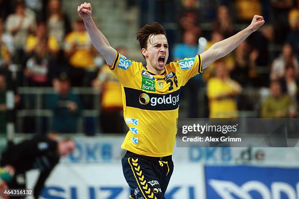 Patrick Groetzki of Rhein-Neckar Loewen celebrates a goal during the DKB Handball Bundesliga match between Rhein-Neckar Loewen and SG BBM Bietigheim...