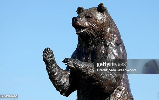 Statue indicates the entrance to the 'Bear Trap' as seen on the 15th hole during a practice round for The Honda Classic at PGA National Resort and...