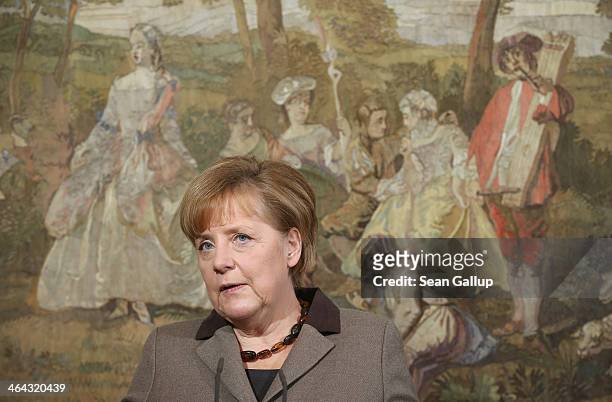 German Chancellor Angela Merkel and Vice Chancellor and Economy and Energy Minister Sigmar Gabriel speak to the media before the first meeting of a...