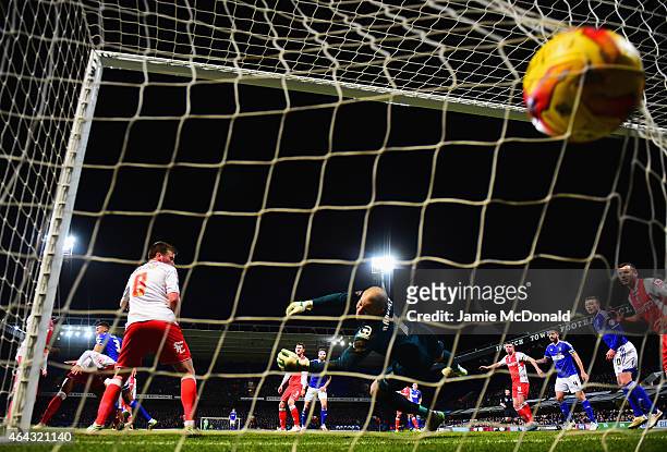 Tyrone Mings of Ipswich Town scores their first goal with a header past goalkeeper Darren Randolph of Birmingham City during the Sky Bet Championship...
