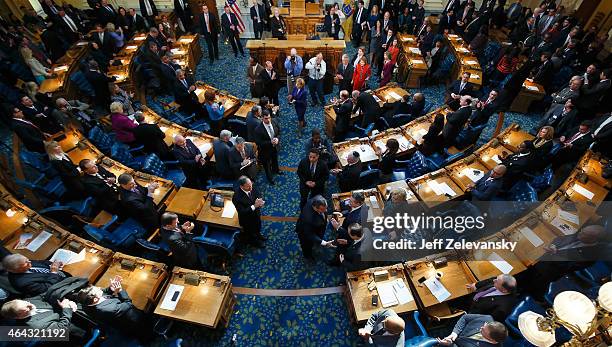 New Jersey Gov. Chris Christie departs the chamber after delivering his budget address for fiscal year 2016 to the Legislature, February 24, 2015 at...