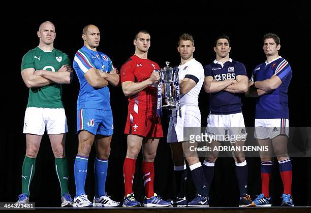 International rugby team captains Ireland's Paul O'Connell, Italy's Sergio Parisse, Wales's Sam Warburton, England's Chris Robshaw, Scotland's Kelly...