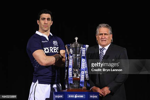 Kelly Brown of Scotland and Head Coach Scott Johnson pose for a photo during the RBS Six Nations Launch at The Hurlingham Club on January 22, 2014 in...