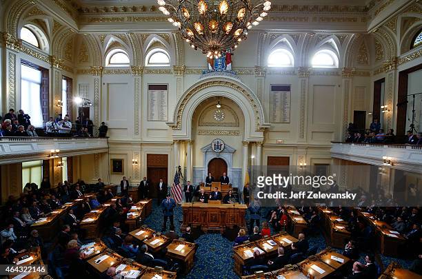 New Jersey Gov. Chris Christie delivers his budget address for fiscal year 2016 to the Legislature, February 24, 2015 at the Statehouse in Trenton,...