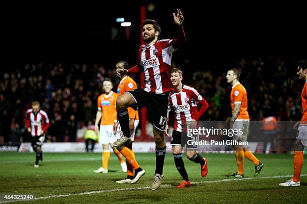Jon-Miquel Toral of Brentford celebrates after completing his hat-trick by scoring his team's fourth goal during the Sky Bet Championship match...