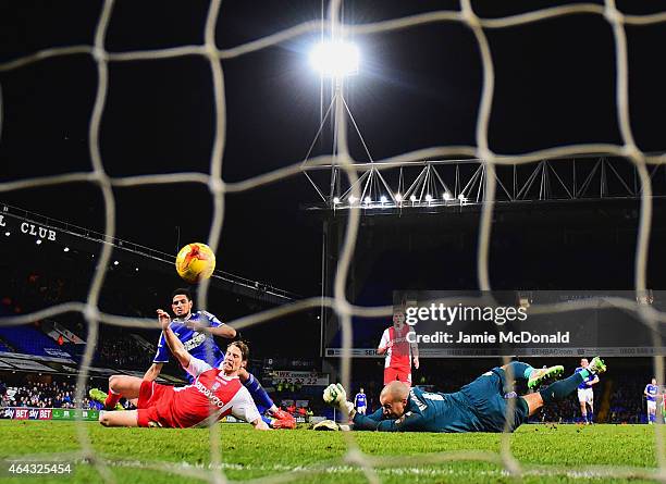 Kevin Bru of Ipswich Town beats Jonathan Spector and Darren Randolph of Birmingham City as he scores their fourth goal during the Sky Bet...