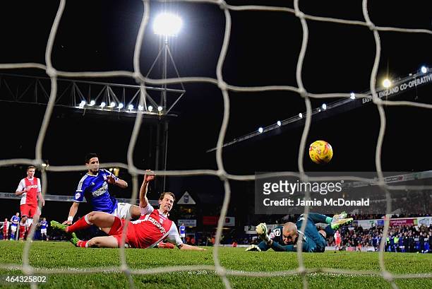 Kevin Bru of Ipswich Town beats Jonathan Spector and Darren Randolph of Birmingham City as he scores their fourth goal during the Sky Bet...
