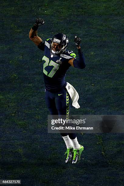 Cornerback Tharold Simon of the Seattle Seahawks reacts against the New England Patriots during Super Bowl XLIX at University of Phoenix Stadium on...