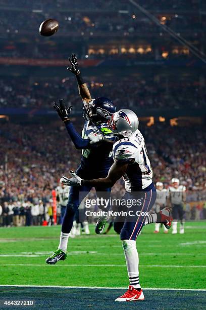 Brandon LaFell of the New England Patriots fails to complete the catch against Tharold Simon of the Seattle Seahawks in the fourth quarter during...