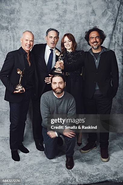 Best Feature winners for 'Birdman' winners Alejandro G. Iñárritu, John Lesher, Michael Keaton, Emma Stone and Zach Galifianakis poses for a portrait...