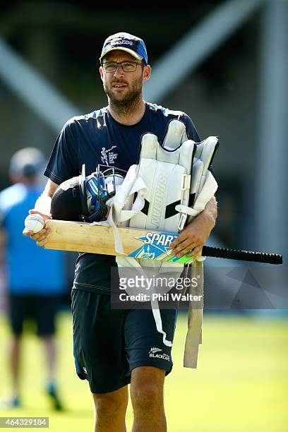 Daniel Vettori of New Zealand arrives for a New Zealand Black Caps training session at Eden Park on February 25, 2015 in Auckland, New Zealand.