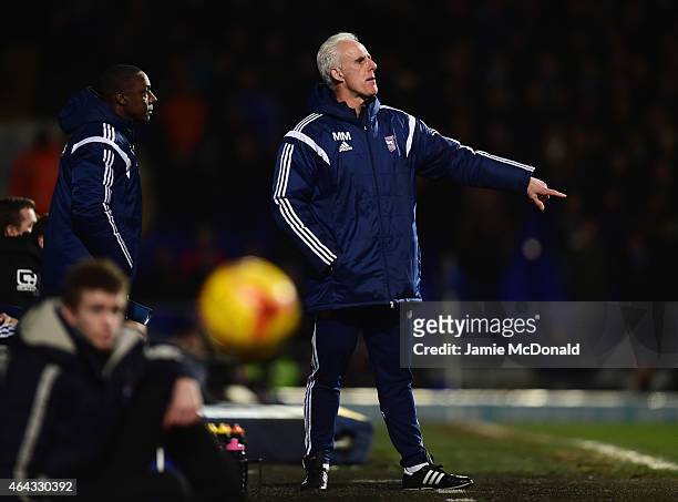 Mick McCarthy manager of Ipswich Town signals as assistant Terry Connor looks on during the Sky Bet Championship match between Ipswich Town and...