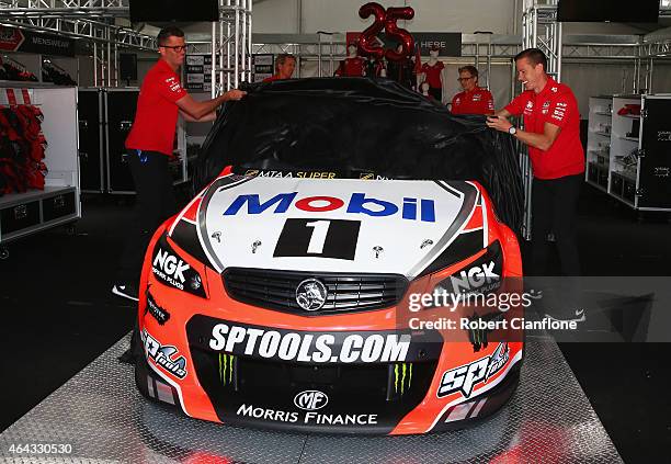 Garth Tander, Warren Luff, James Courtney and Jack Perkins of the Holden Racing Team unveil the HRT livery ahead of the V8 Supercars Clipsal 500 at...