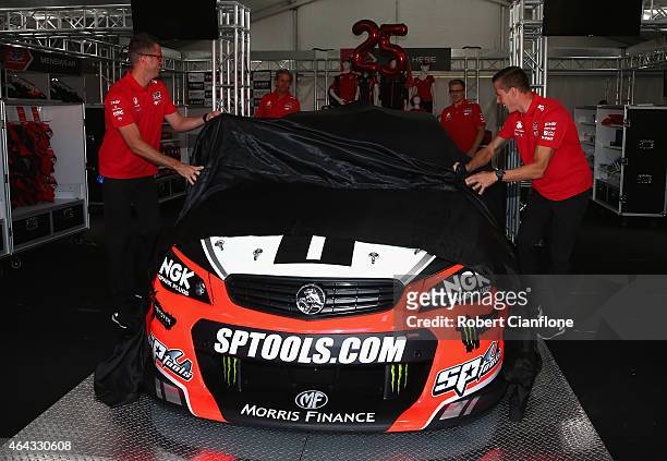 Garth Tander, Warren Luff, James Courtney and Jack Perkins of the Holden Racing Team unveil the HRT livery ahead of the V8 Supercars Clipsal 500 at...