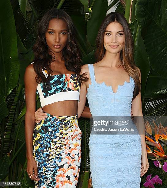 Models Jasmine Tookes and Lily Aldridge attend the Victoria's Secret spring fashion event at Sunset Marquis Hotel & Villas on February 24, 2015 in...