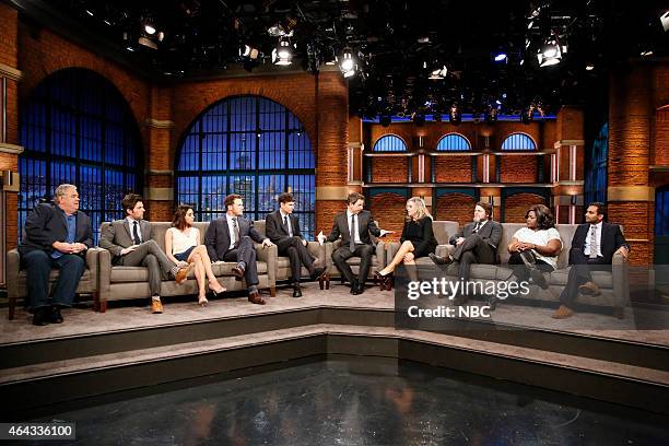 Episode 0169 -- Pictured: Host Seth Meyers with Jim OHeir, Adam Scott, Aubrey Plaza, Chris Pratt, executive producer Michael Schur, Amy Poehler,...