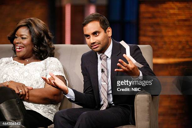 Episode 0169 -- Pictured: Retta and Aziz Ansari of 'Parks and Recreation' during an interview on February 24, 2015 --