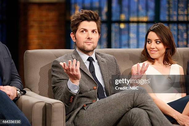 Episode 0169 -- Pictured: Adam Scott and Aubrey Plaza of 'Parks and Recreation' during an interview on February 24, 2015 --