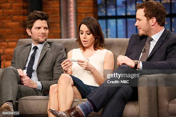 Episode 0169 -- Pictured: Adam Scott, Aubrey Plaza and Chris Pratt of 'Parks and Recreation' during an interview on February 24, 2015 --