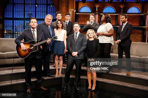 Episode 0169 -- Pictured: Host Seth Meyers with Chris Pratt, Jim O'Heir, Aubrey Plaza, Adam Scott, Michael Schur, Amy Poehler, Nick Offerman, Retta...