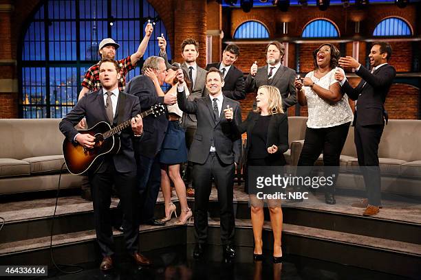 Episode 0169 -- Pictured: Host Seth Meyers with Chris Pratt, Jim O'Heir, Aubrey Plaza, Adam Scott, Michael Schur, Jon Glaser, Amy Poehler, Nick...