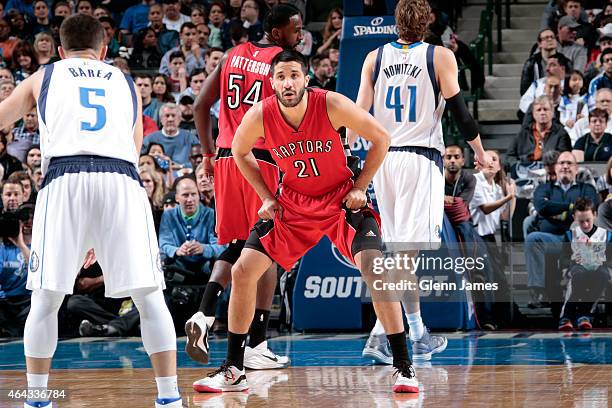 Greivis Vasquez of the Toronto Raptors plays guards his position against the Dallas Mavericks on February 24, 2015 at the American Airlines Center in...