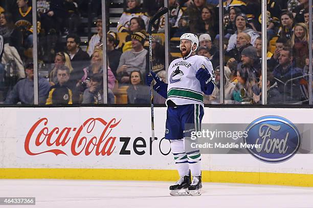 Zack Kassian of the Vancouver Canucks celebrates after scoring a goal against the Boston Bruins during the third period at TD Garden on February 24,...