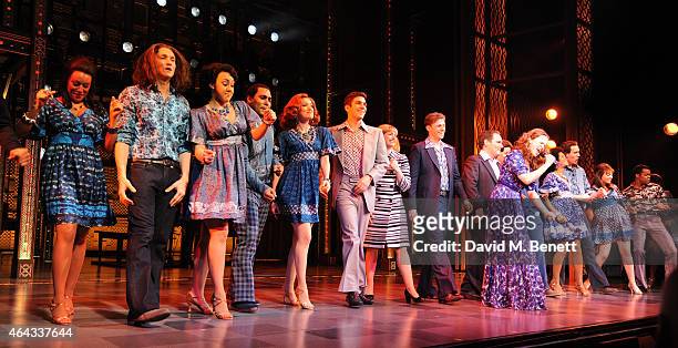 Cast members bows at the curtain call during the press night performance of "Beautiful: The Carole King Musical" at the Aldwych Theatre on February...