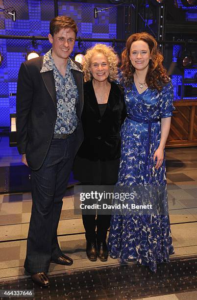 Alan Morrissey, Carole King and Katie Brayben bows at the curtain call during the press night performance of "Beautiful: The Carole King Musical" at...