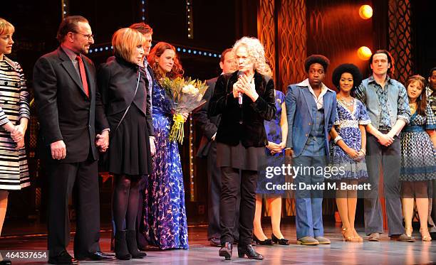 Carole King and Cast bows at the curtain call during the press night performance of "Beautiful: The Carole King Musical" at the Aldwych Theatre on...