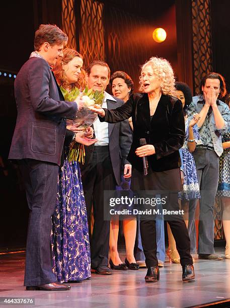 Alan Morrissey , Katie Brayben and Carole King bows at the curtain call during the press night performance of "Beautiful: The Carole King Musical" at...