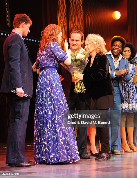 Alan Morrissey , Katie Brayben and Carole King bows at the curtain call during the press night performance of "Beautiful: The Carole King Musical" at...