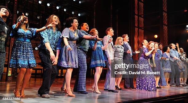 Cast memebers bows at the curtain call during the press night performance of "Beautiful: The Carole King Musical" at the Aldwych Theatre on February...
