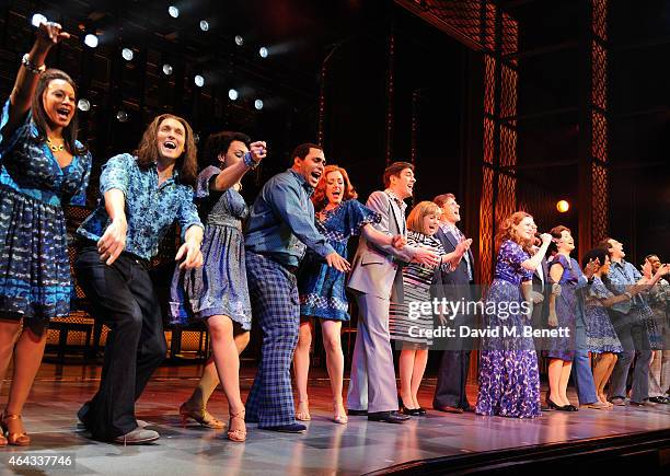 Cast members bows at the curtain call during the press night performance of "Beautiful: The Carole King Musical" at the Aldwych Theatre on February...