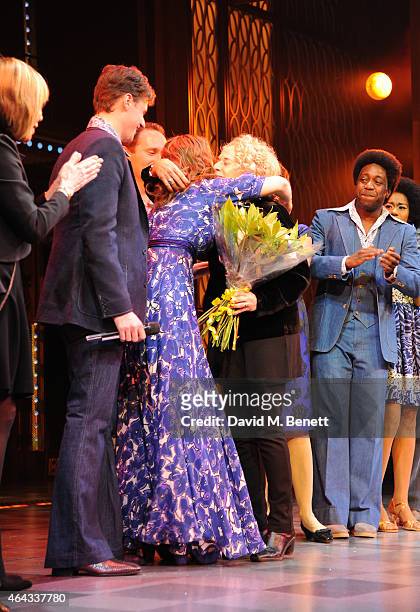 Katie Brayben and Carole King bows at the curtain call during the press night performance of "Beautiful: The Carole King Musical" at the Aldwych...