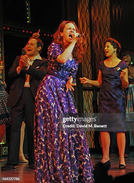 Katie Brayben bows at the curtain call during the press night performance of "Beautiful: The Carole King Musical" at the Aldwych Theatre on February...