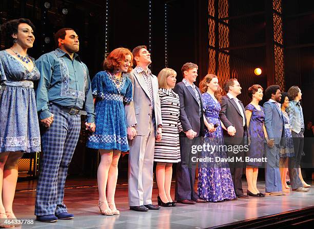 Cast members bows at the curtain call during the press night performance of "Beautiful: The Carole King Musical" at the Aldwych Theatre on February...