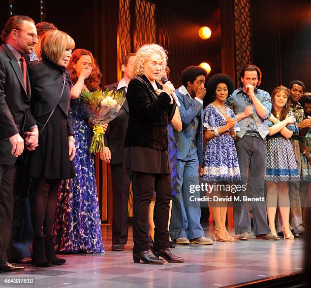Carole King bows at the curtain call during the press night performance of "Beautiful: The Carole King Musical" at the Aldwych Theatre on February...