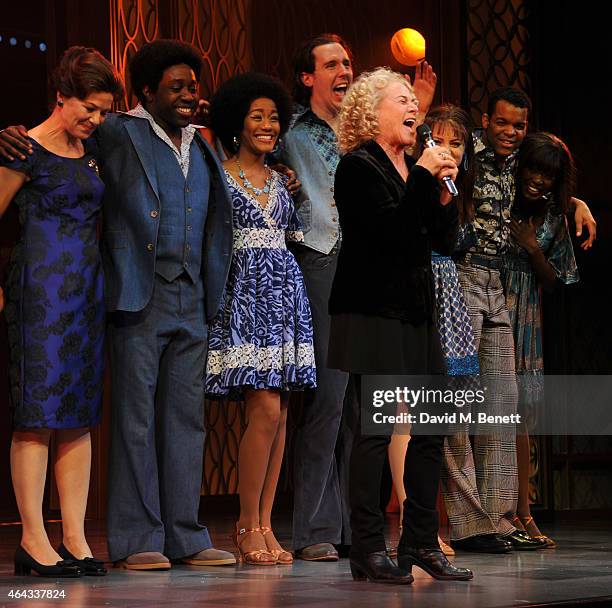 Carole King bows at the curtain call during the press night performance of "Beautiful: The Carole King Musical" at the Aldwych Theatre on February...