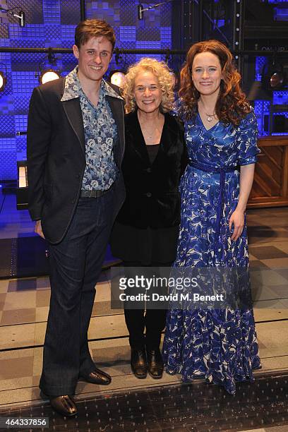 Alan Morrissey, Carole King and Katie Brayben bows at the curtain call during the press night performance of "Beautiful: The Carole King Musical" at...