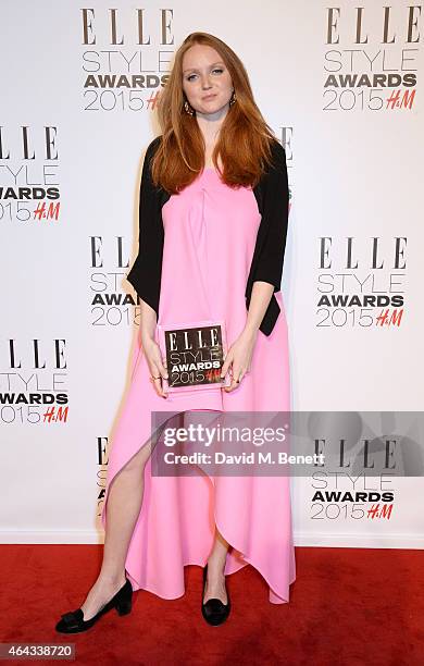 Lily Cole, winner of the H&M Conscious Award, poses in the Winners Room at the Elle Style Awards 2015 at Sky Garden @ The Walkie Talkie Tower on...